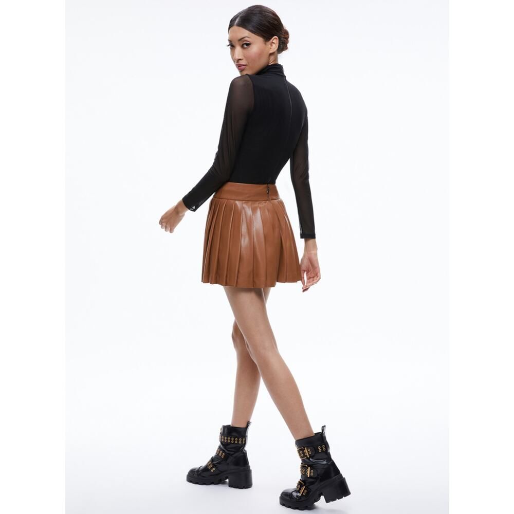 Alice + Olivia Pura Vegan Leather Pleated Skort Camel Brown 12 - Picture 5 of 6